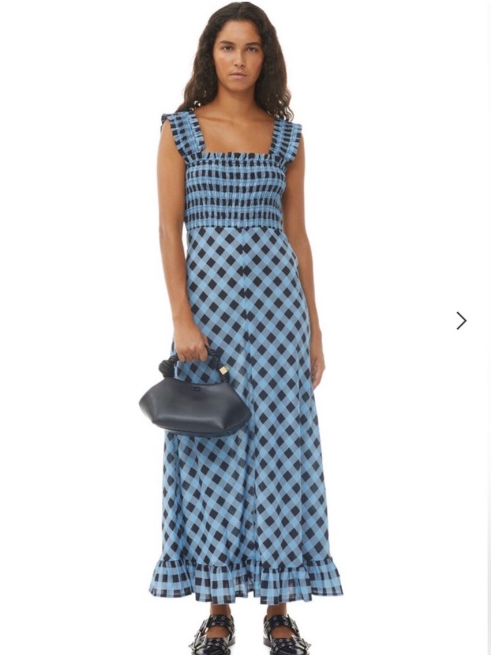 Ganni Blue Gingham Smocked Maxi Dress